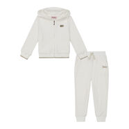 橘滋（Juicy Couture） 女童拉鏈連帽天鵝絨運動(dòng)套裝 壓花設計 常規版型 純色休閑兩件套 白鷺色 3T