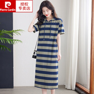 皮爾卡丹（pierre cardin）純棉連衣裙女夏條紋長款大版寬松短袖t恤裙帶帽休閑裙顯瘦遮肚子 青綠 109款 2XL 131140斤