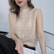 智兜兜絲克諾依谷蒂思 夏季新款女士半高領(lǐng)針織無(wú)袖T恤上衣內(nèi)搭鏤空網(wǎng)紗 杏色 均碼