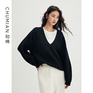 初棉松弛慵懶風(fēng)大V領(lǐng)疊穿毛衣女 24冬季廓形寬松全羊毛長(cháng)袖針織衫 黑色 XL