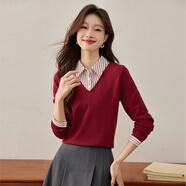 熙世界假兩件針織衫女士2025春季設計感長(cháng)袖毛衣襯衫領(lǐng)打底衫上衣 安可拉紅 M