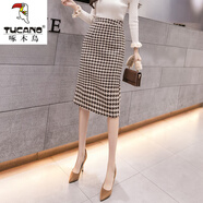 啄木鳥(niǎo)2025年秋冬季新款毛呢半身裙女千鳥(niǎo)格子春高腰顯瘦開(kāi)叉中長(cháng)款包臀 咖格 L