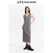 太平鳥(niǎo)女裝針織V領(lǐng)連衣裙2024秋純色柔軟無(wú)袖裙小眾洋氣長(cháng)裙 灰色無(wú)袖 M