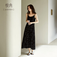 悅內帶胸墊睡裙女士睡衣夏季純棉吊帶背心夏款開(kāi)叉長(cháng)款黑色高級感長(cháng)裙 B23231墨竹黑【帶胸墊】 L (165) 【體重110-120斤】