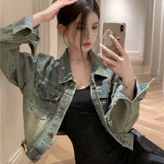 GOCHIEI復古港風(fēng)短款牛仔外套女春秋季潮流新款寬松百搭高腰外穿上衣夾克 藍色[高品質(zhì)] L