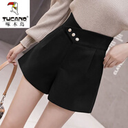 啄木鳥(niǎo)加厚毛呢短褲女秋冬季2025新款外穿松緊高腰顯瘦百搭闊腿打底靴褲 6106黑色 L 【100-115斤】