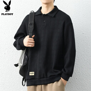 花花公子（PLAYBOY）長袖t恤男春秋季2025新款時尚百搭POLO領(lǐng)衛(wèi)衣男士潮流寬松上衣男 黑色 Z-B361HH033-hae XL