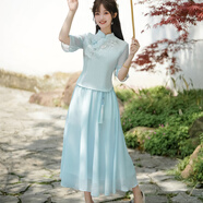妖妮旗袍漢服女成人日常演出2025新中式國風(fēng)雪紡棉麻繡花連衣裙兩件套 6518藍色上衣+藍色裙 XL (建議體重100-110斤）