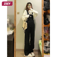 ZSEY春秋鹽系黑色背帶褲女2024款小個子連體設(shè)計感牛仔減齡闊腿褲 黑色 M_90-105斤