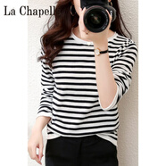 拉夏貝爾（La Chapelle）圓領(lǐng)毛衣女士秋冬條紋上衣內搭加厚打底衫長(cháng)袖百搭 純100自動(dòng)發(fā)熱黑白色 純100自動(dòng)發(fā)熱S