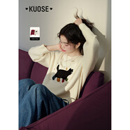 闊色（kuose）立體小貓刺繡毛衣秋冬季新款女裝短款針織衫寬松長袖上衣 杏色 S
