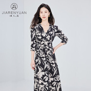 佳人苑連衣裙女2024年秋季新款V領(lǐng)印花衣身腰間抽繩袖口縫合牛津裝飾 黑白 S