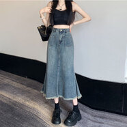 帽憶櫥中長款魚尾裙女春夏季牛仔裙半身包臀裙女夏季小眾復(fù)古高腰裙子 復(fù)古藍(lán) XL