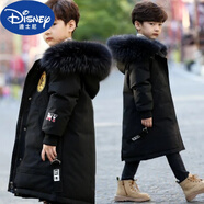 迪士尼（Disney）品牌男童羽絨服冬裝兒童中長款洋氣毛領(lǐng)服棉衣中大童過膝外套棉襖 M49-G-黑色 150cm(建議身高130-140)