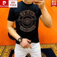 皮爾卡丹（pierre cardin）品牌歐洲站夏季新款半袖男潮牌大碼燙鉆印花休閑帽子短袖t恤男士 【高品質(zhì)】113-黑色 X (建議130-145斤)