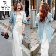 啄木鳥(niǎo)天絲后背開(kāi)叉襯衫女防曬衣夏薄款開(kāi)衫外套設計感小眾空調衫雪紡上 藍色 2XL