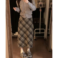 Radinka2024秋冬新款復(fù)古毛呢格子半身裙女后開(kāi)叉高腰氣質(zhì)中長(zhǎng)款A(yù)字裙YCF 駝色 M 建議95-105斤