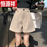 恒源祥（HYX）格子毛呢闊腿褲短褲女春秋加厚呢子靴褲小個(gè)子高腰a字休閑西裝褲 杏色 S