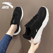 安踏（ANTA）女鞋夏季皮面防潑水跑步鞋女士新款軟底輕便休閑跑鞋旅游運動鞋子 (皮面)黑色-5 35.5