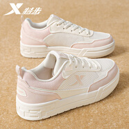 特步（XTEP）女鞋板鞋子女2025春季新款耐磨增高運動(dòng)鞋滑板鞋厚底休閑鞋 帆白/純凈粉 37