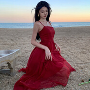 家隆名秀出游拍照很仙的連衣裙女巴厘島三亞度假長裙甜美飄逸不規(guī)則吊帶裙 酒紅 S
