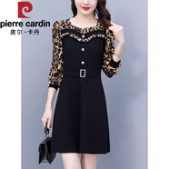 皮爾卡丹（pierre cardin）假兩件長袖豹紋連衣裙顯瘦遮肚微胖媽媽裙子女秋季氣質(zhì)a字裙 黑色 2XL 【125-135斤】