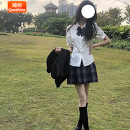 婍妡兩件套jk制服套裝甜辣襯衫上衣女短袖泡泡袖純欲襯衣百褶裙 [套裝]收腰襯衫+領結+百褶 S 84-96