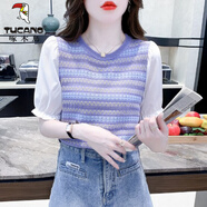 啄木鳥(niǎo)夏季冰絲針織短袖t恤女2026新款寬松百搭拼色條紋泡泡袖雪紡上衣 紫羅蘭 M