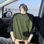 楠笙記拼接插肩袖撞色寬松休閑圓領(lǐng)套頭衫男士學(xué)生新款短半袖T恤上衣服 綠色 M