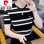 皮爾卡丹（pierre cardin）男士短袖t恤2025夏季新款圓領(lǐng)橫條紋體恤衫半截袖上衣服 5黑色 M 90-105斤
