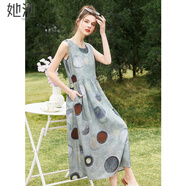 她池無(wú)袖連衣裙2024夏裝女高腰中長(cháng)裙T42B1723L 灰綠底彩波點(diǎn) M