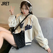 JRET外套女2025春秋美式復古撞色長袖短款棒球服女小眾百搭夾克女 白色 [ 單層] 薄款 S 100斤以內(nèi)