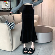 啄木鳥(niǎo)春秋金絲絨半身裙女加絨秋冬新款高腰顯瘦a字包臀裙長(cháng)裙魚(yú)尾裙 黑色絲絨魚(yú)尾裙【不加絨】 S 建議80-90斤
