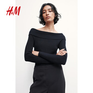 H&M女裝毛針織衫夏季優(yōu)雅修身露肩一字肩打底毛衣1237775 黑色 160/88 S
