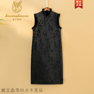 鹿王戀雪2024新款秋冬女裝加絨加厚旗袍R中式國風裙子立領無袖提花連衣裙 黑色 L (建議115-135斤)