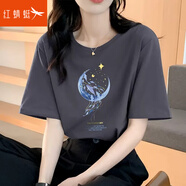 紅蜻蜓 t恤女純棉短袖2025年夏季新款女士正肩短袖女打底上衣衫印花女裝 煙灰色 L 【建議105-120斤】
