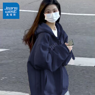 真維斯（JEANSWEST）衛(wèi)衣女春秋冬季新款加絨開衫外套女裝連帽上衣潮流寬松學生慵懶風 藏青 KS樂隊 2X