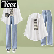 VEOX2025春秋季套裝女韓版寬松長(zhǎng)袖襯衫+吊帶高腰闊腿牛仔褲三件套 白襯衫+吊帶牛仔褲三件套 915# M 建議95-110斤