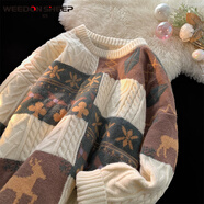 威登羊（WEEDON SHEEP）內(nèi)搭毛衣男秋冬季潮牌加厚慵懶打底針織衫復(fù)古拼接保暖寬松線衣外 杏色（低領(lǐng)） XL