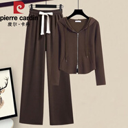 皮爾卡丹（pierre cardin）秋季慵懶風(fēng)休閑顯瘦百搭連帽拉鏈衛(wèi)衣闊腿褲時(shí)尚套裝女兩件套套裝 咖色【套裝】 XL 【建議110-120斤】