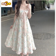 初徑【3254人收藏】森系田園風(fēng)小清新蕾絲拼接圓領(lǐng)短袖連衣裙女氣質(zhì)減 碎花吊帶裙 S