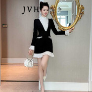 JVH香港潮牌修身魚尾連衣裙女 2025春季新款小個子花邊高收腰短裙子 黑色 2XL