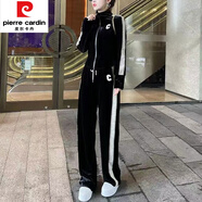皮爾卡丹（pierre cardin）金絲絨運動休閑套裝女裝2025新款春秋季歐洲站歐貨潮闊腿褲兩件裝 黑色 2XL 140斤-150斤