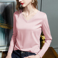 純色長(cháng)袖棉t恤女套頭圓領(lǐng)新款秋季簡(jiǎn)約雙面80支絲光棉上衣 粉色雞心領(lǐng) XL