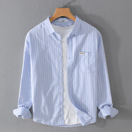 構致（GLOY&ZENITH）日系復古豎條紋襯衫男士長(cháng)袖休閑純棉青年文藝寬松襯衫外套 淺藍色（牛津紡帶口袋） L （115-130斤）