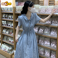 初徑荷葉邊翻領(lǐng)學(xué)院風(fēng)連衣裙少女夏裝2025新款初中高中學(xué)生甜美長(zhǎng)裙子 藍(lán)色 1718（高品質(zhì)） S 建議95斤以內(nèi)