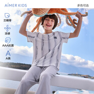 愛慕兒童家居服男童孩蘭精莫代爾短袖上衣七分褲睡衣套裝男灰條紋170