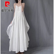 皮爾卡丹（pierre cardin）日系文藝白色吊帶連衣裙女夏季不規(guī)則飄逸寬松大擺無袖背心長裙子 白色 M 【建議85-105斤】