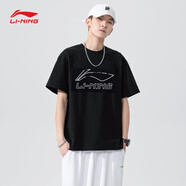 李寧 短袖T恤男款大LOGO休閑上衣寬松透氣短T半袖 黑色B05 3XL/190