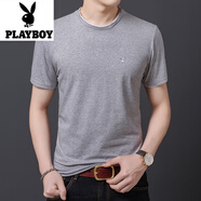 花花公子（PLAYBOY）中年男士短袖t恤男夏季V領(lǐng)大碼半袖韓版體恤純色上衣 1808灰色【短袖】 S 165建議90-110斤
